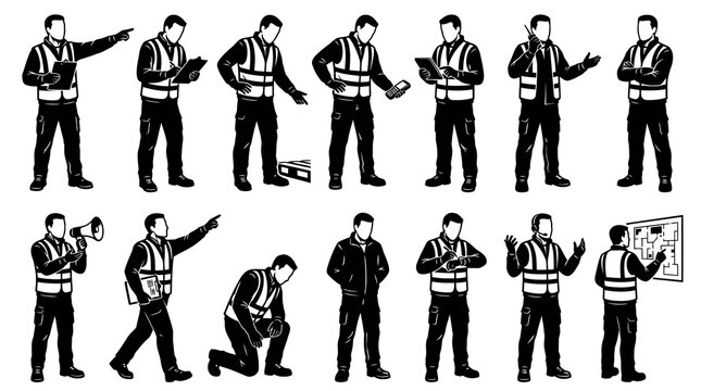 Black and White Glyph Vector Icons of Construction Workers Gesturing and Working