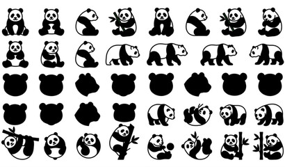 Minimal panda line art collection with black silhouette animal vector illustrations © MstLima