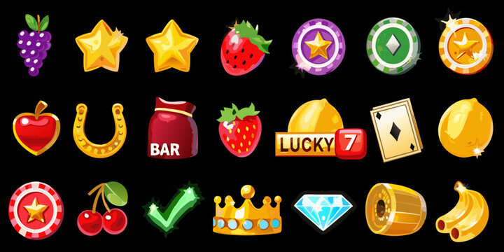 casino slot machine symbols glossy 3d style icons on black
