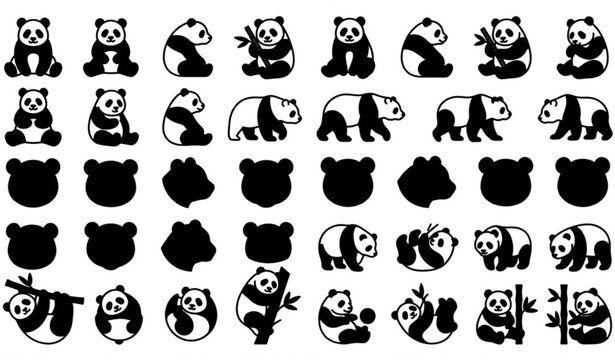 Minimal panda line art collection with black silhouette animal vector illustrations