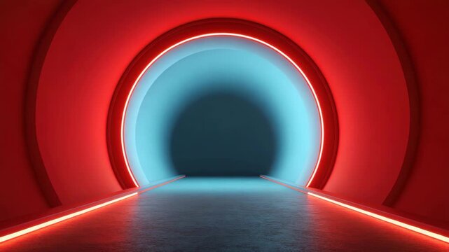 Futuristic tunnel neon light red blue circular arch empty corridor modern interior abstract background symmetry reflection glowing path digital render լուս