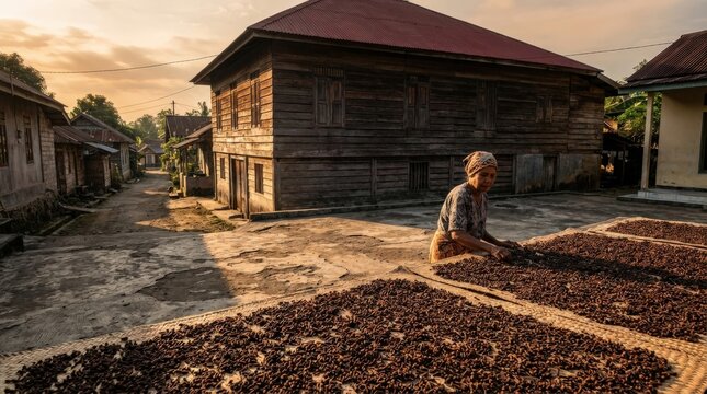 A hardworking elderly woman spreads aromatic spicy clove buds to dry on exposed concrete in front of her traditional rustic wooden house, capturing the serene essence of rural morning harvesting.