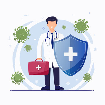 Doctor protecting against virus with shield and medical kit