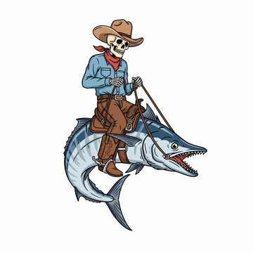 Skeleton cowboy riding a wahoo fish like a rodeo horse vector illustration
