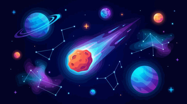 Falling Meteor and Asteroid in Deep Space Cosmic Vector Illustration