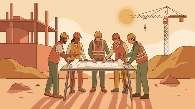 Group of architects analyzing blueprint at construction site vector illustration