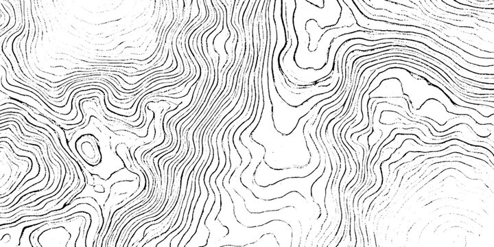 Black and white topographic map illustration with wavy contour lines on white grunge background for design and texture
