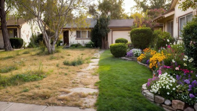 Before and after comparison of residential front yard landscaping transformation featuring dry patchy grass changed into a lush green lawn with decorative stone edging and vibrant garden plants 