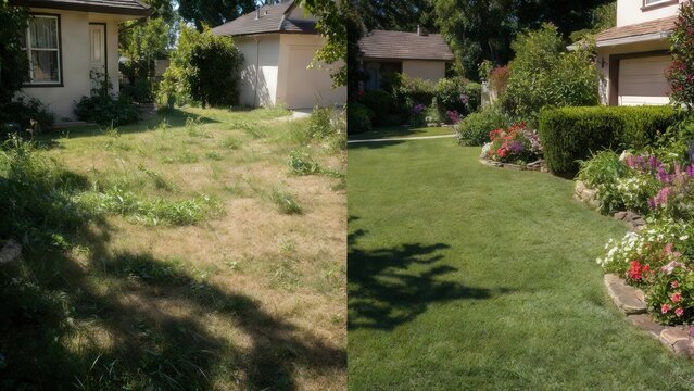Before and after comparison of residential front yard landscaping transformation featuring dry patchy grass changed into a lush green lawn with decorative stone edging and vibrant garden plants 