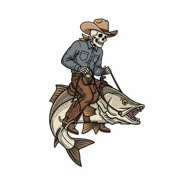 Skeleton cowboy riding a giant snook fish retro style
