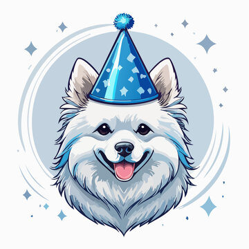 Happy White Dog Wearing a Blue Party Hat