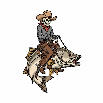 Skeleton cowboy riding a giant snook fish retro style