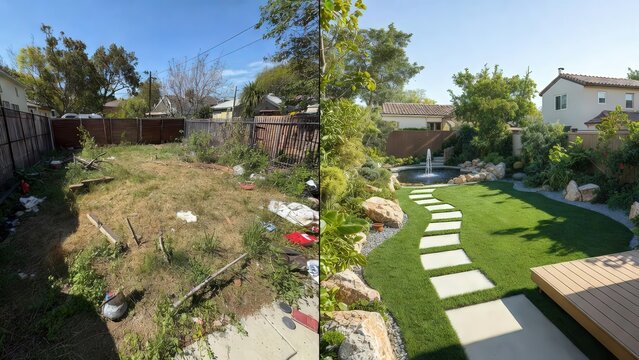 Before and after comparison of residential front yard landscaping transformation featuring dry patchy grass changed into a lush green lawn with decorative stone edging and vibrant garden plants 