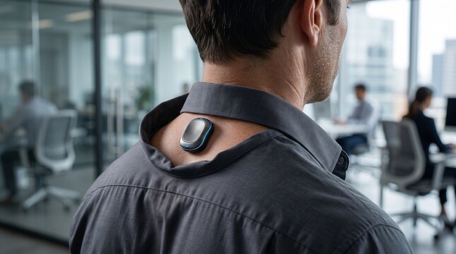 Futuristic sleek posture tracking wearable device attached to an employee upper back