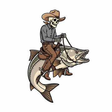Skeleton cowboy riding a giant snook fish retro style