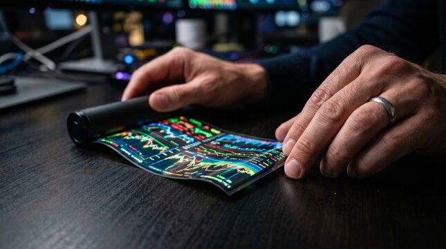 Futuristic sleek flexible rollable oled screen displaying global financial market data