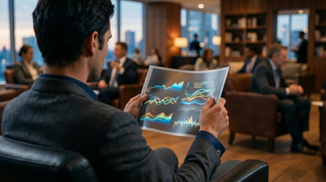 Futuristic sleek e-paper digital newspaper displaying moving financial graphs on a lounge table