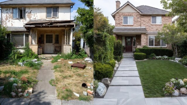 Before and after comparison of residential front yard landscaping transformation featuring dry patchy grass changed into a lush green lawn with decorative stone edging and vibrant garden plants 