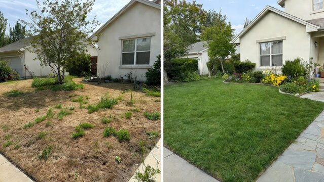 Before and after comparison of residential front yard landscaping transformation featuring dry patchy grass changed into a lush green lawn with decorative stone edging and vibrant garden plants 
