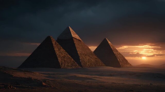 Ancient pyramid desert sunset, desert pyramid sunset landscape with three stone pyramid dramatic sky and warm horizon light, stone monument architecture landmark Egyptian sand with golden sky