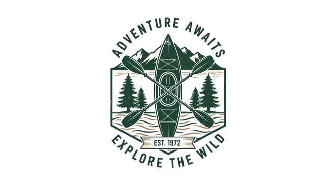 Kayaking Adventure Emblem with Mountains, Trees, and Paddles. Explore the Wild.