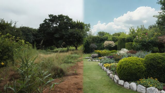 Before and after comparison of residential front yard landscaping transformation featuring dry patchy grass changed into a lush green lawn with decorative stone edging and vibrant garden plants 