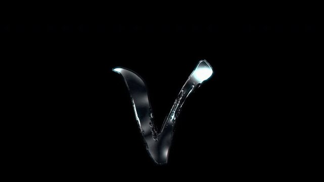 Silver metallic brush-stroke lowercase "v". Alpha channel. Seamless loop video
