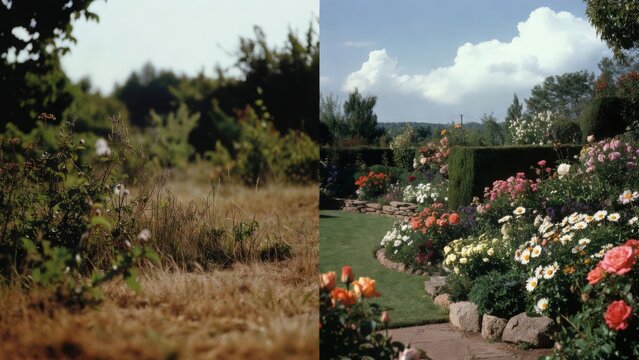 Before and after comparison of residential front yard landscaping transformation featuring dry patchy grass changed into a lush green lawn with decorative stone edging and vibrant garden plants 