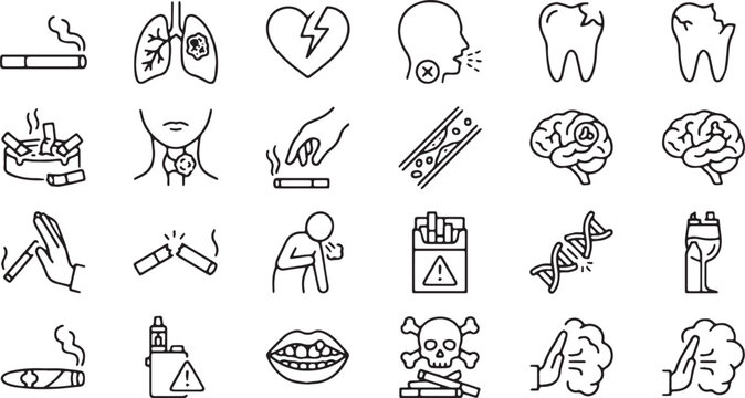 Smoking Hazards and Quitting Tobacco Line Icon Set