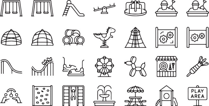 Playground Equipment and Amusement Park Attractions Line Icon Set