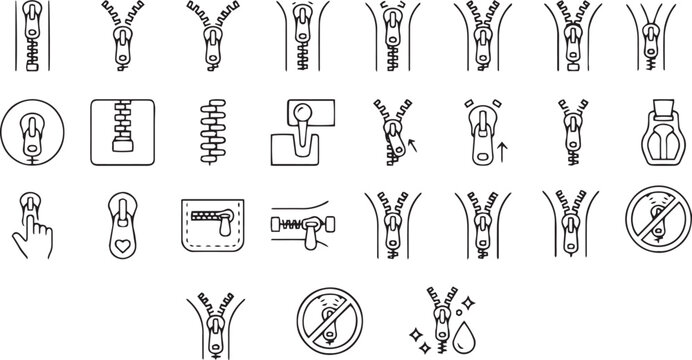 Clothing Zipper Types and Garment Fastener Accessories Line Icon Set