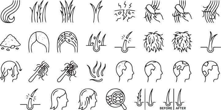 Hair Loss Alopecia Symptoms and Scalp Care Line Icon Set
