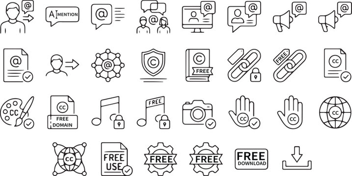 Intellectual Property Copyright and Creative Commons Line Icon Set