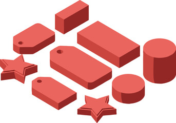 Obraz premium Isometric Red Price Tag Vector Set with 3D Blank Hanging Labels Star Badges and Geometric Cylinder Discount Elements for Retail Promos