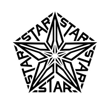 Pentagonal Star Emblem: A geometric design featuring a star within a pentagon, with the word STAR artfully integrated into the shape, creating a modern and striking graphic element.