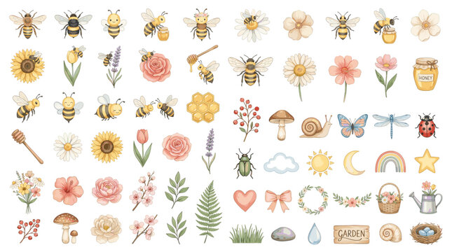 Watercolor flower and bee clipart set with sunflowers roses daisies leaves honey pot rainbow clouds moon and garden icons on white background