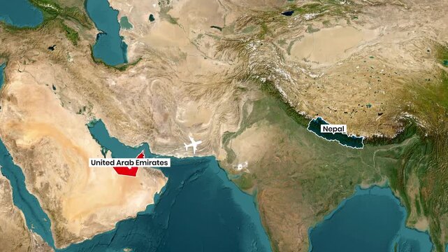 An animated map shows the flight path from the United Arab Emirates to Nepal, with the airplane moving