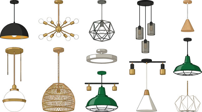 Modern Pendant Light Collection Vector Illustration Featuring Hanging Lamps Chandeliers and Decorative Ceiling Lighting Fixtures