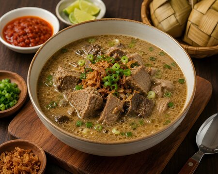 Soto daging presents a rich and fragrant beef soup cooked with aromatic spices and coconut milk, garnished with crisp fried shallots and fresh scallions.