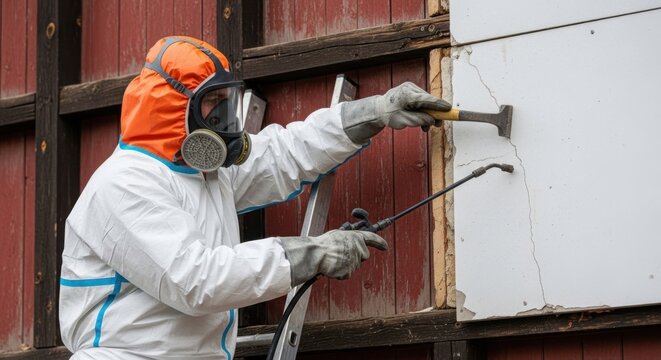 Worker in Protective Gear Removing Asbestos Insulation from Building Exterior.