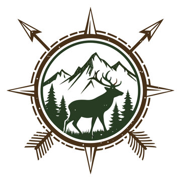 Vintage elk silhouette, mountain landscape, compass navigation, outdoor adventure logo