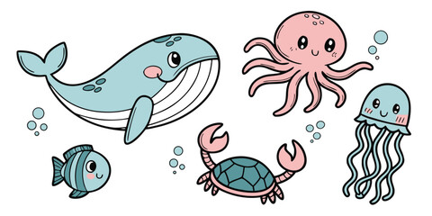 Cute cartoon ocean animals stickers featuring pink octopus and blue whale © Sadhin07