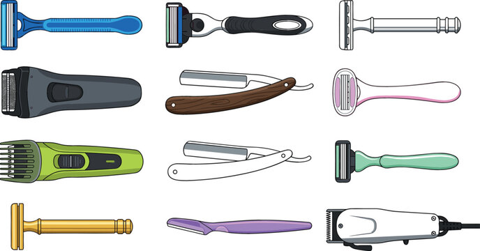 Shaving Razor and Grooming Tool Collection Vector Illustration Featuring Electric Trimmers Straight Razors and Personal Care Equipmen