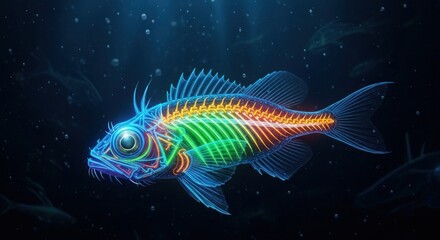 Fototapeta premium Glowing neon fish skeleton underwater.
