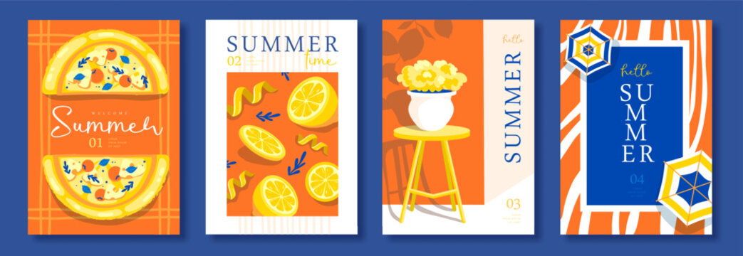 Set of summer Italian posters or covers with flower pot, pizza, beach umbrella, lemons and zest. Menu design. Vector illustration