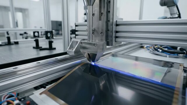 Sharp macro shot iridescent perovskite layer coating flexible solar substrate blue laser industrial laboratory white manufacturing innovation.