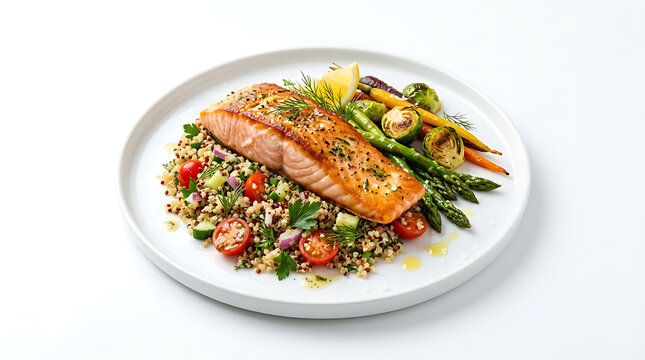 Delicious and healthy grilled salmon with quinoa and roasted vegetables served on a white plate with a lemon wedge