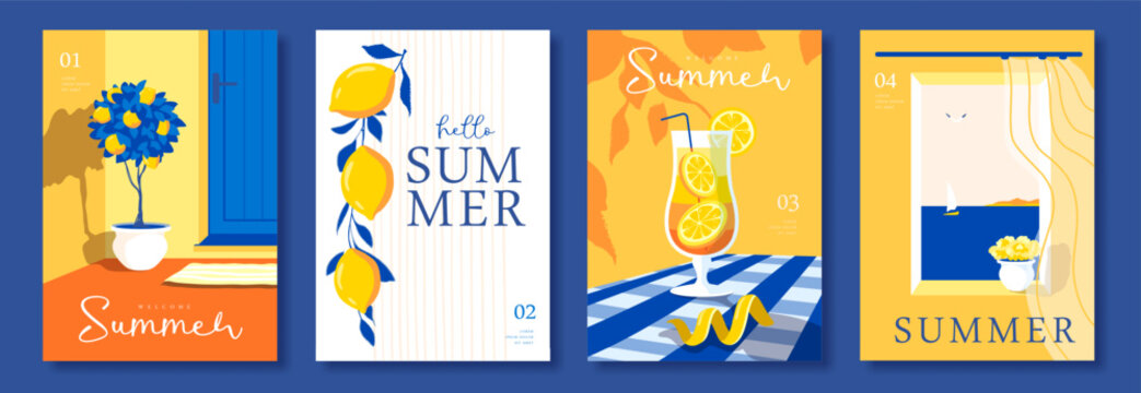 Set of summer Italian posters or covers with tequila sunrise cocktail, courtyard,  lemonade, lemons and seascape in the window. Vector illustration