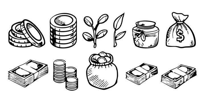 exploded view of various objects black and white line art