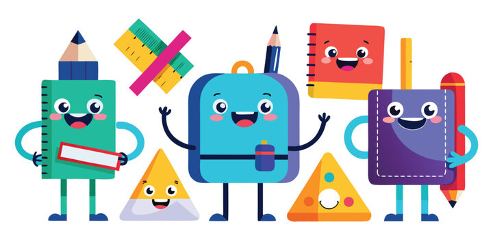 Cute cartoon school supplies characters smiling and waving for education and stationery